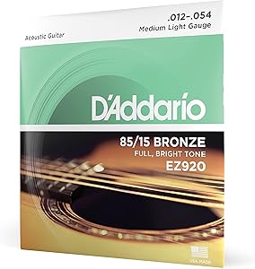 D'Addario Guitar Strings - Acoustic Guitar Strings - 85/15 Bronze - For 6 String Guitar - Full, Bright Tone - EZ920 - Medium Light, 12-54